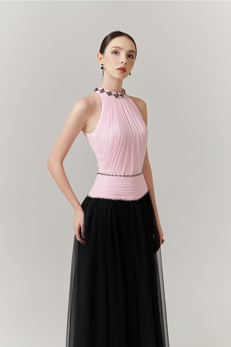 a line halter maxi dress Jewel Neck Halter Full A-line Satin Floral Maxi Bridesmaid Dress In Cottage Rose Larkspur