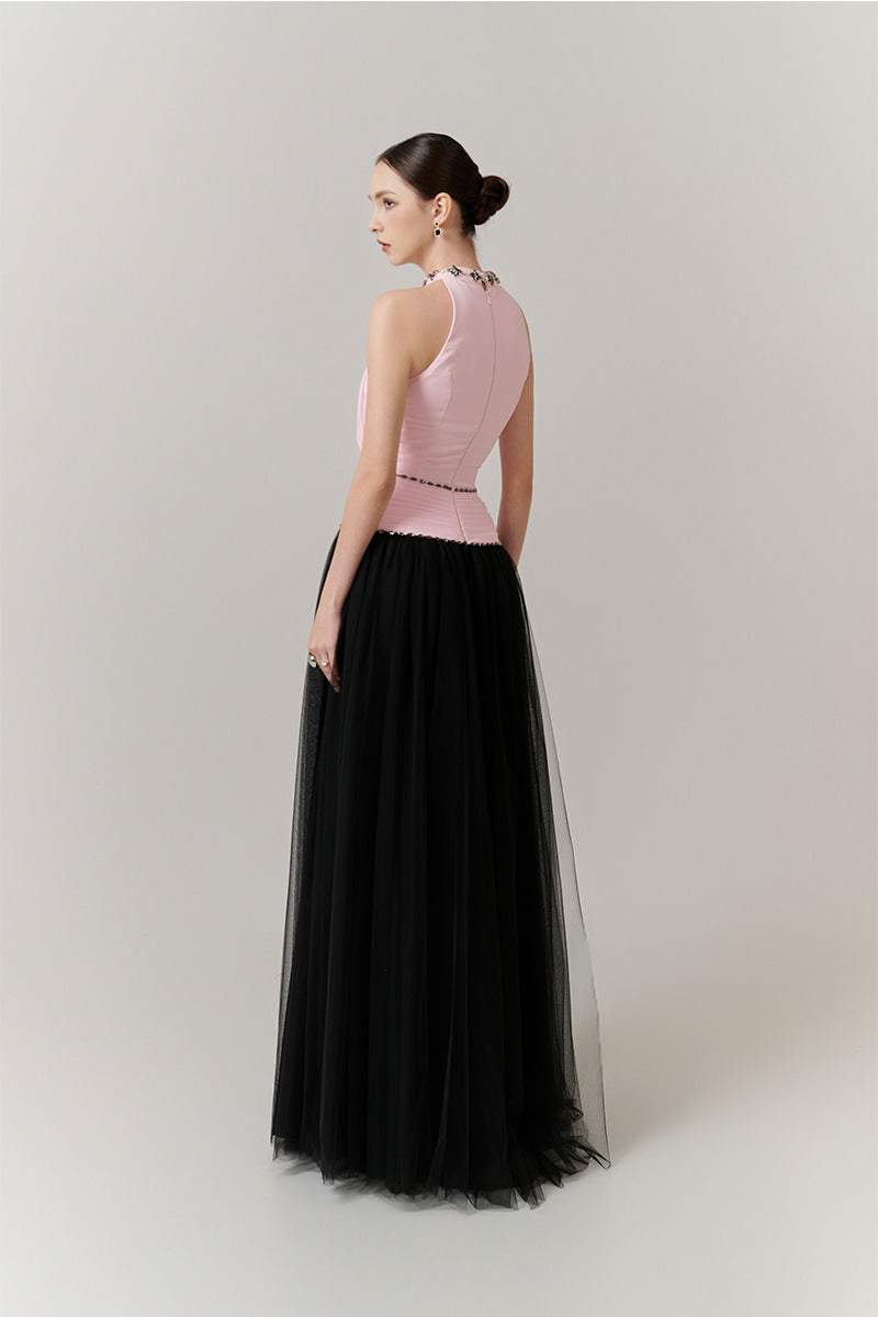 Elegant halter neck A-line gown by Happy Clothing featuring flowing fabric and a stylish silhouette.