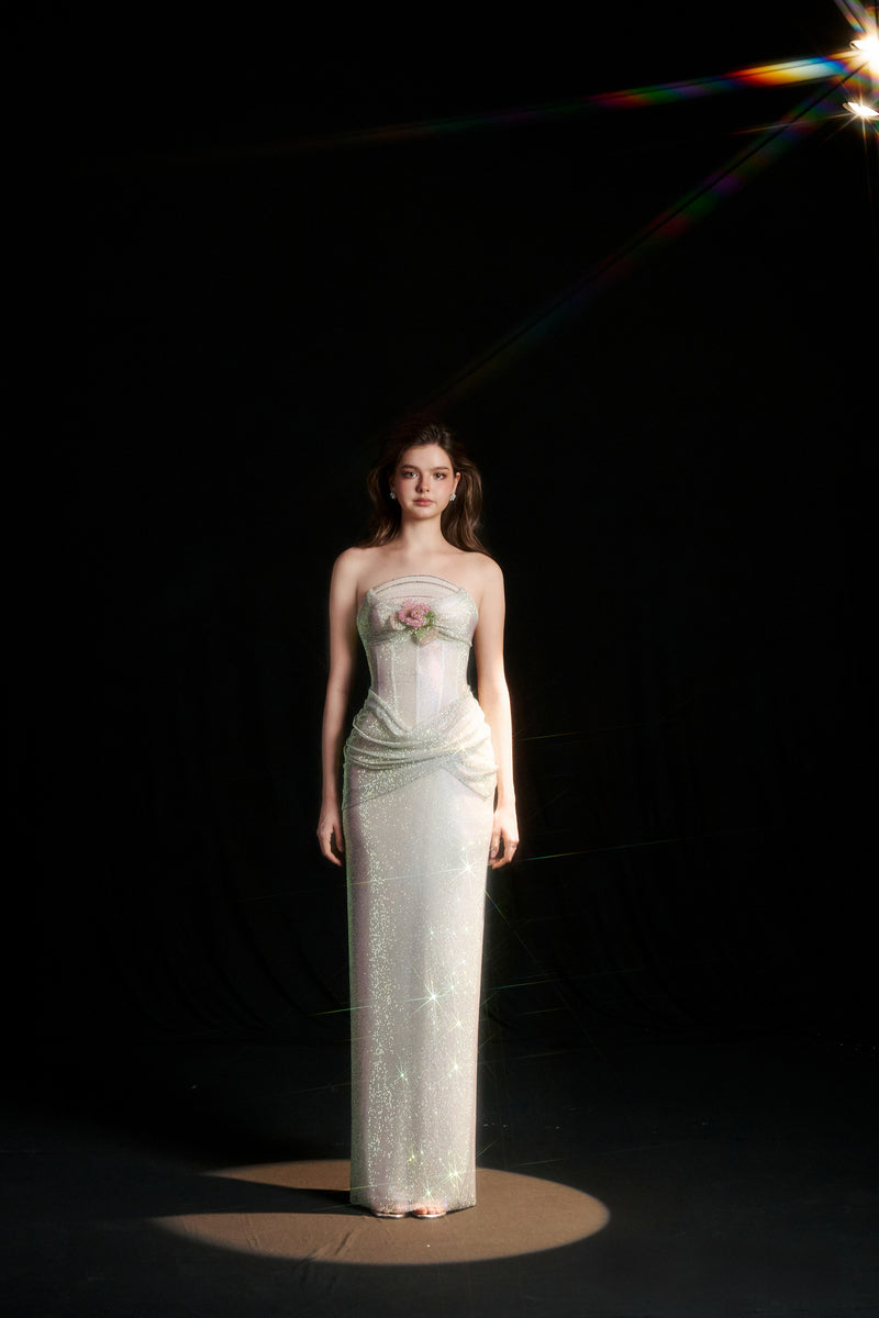 ELISE DRAPED CORSET SEQUIN DRESS IN SOFT IVORY - CULT MIA