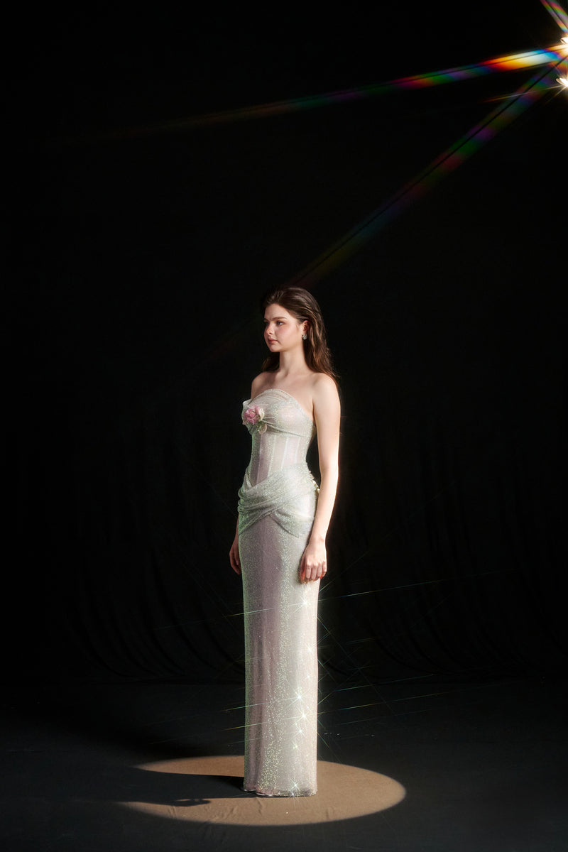 ELISE DRAPED CORSET SEQUIN DRESS IN SOFT IVORY ELISE DRAPED CORSET SEQUIN DRESS IN SOFT IVORY