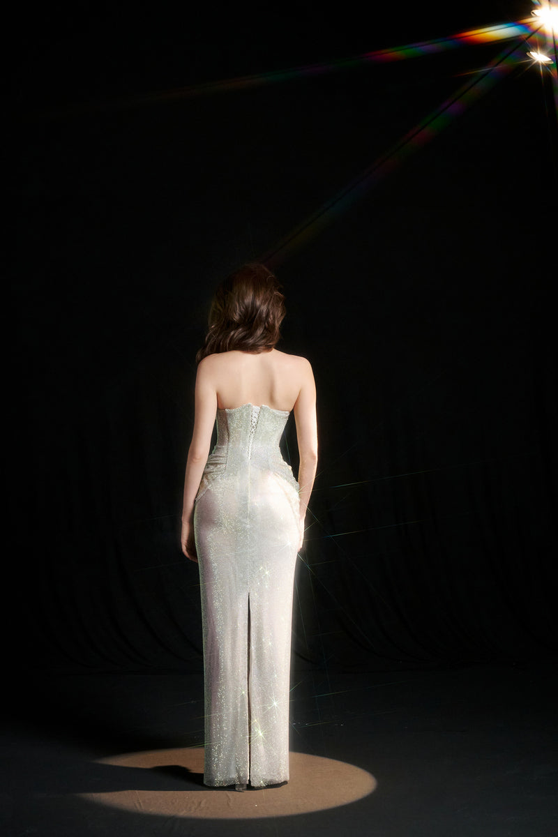 ELISE DRAPED CORSET SEQUIN DRESS IN SOFT IVORY