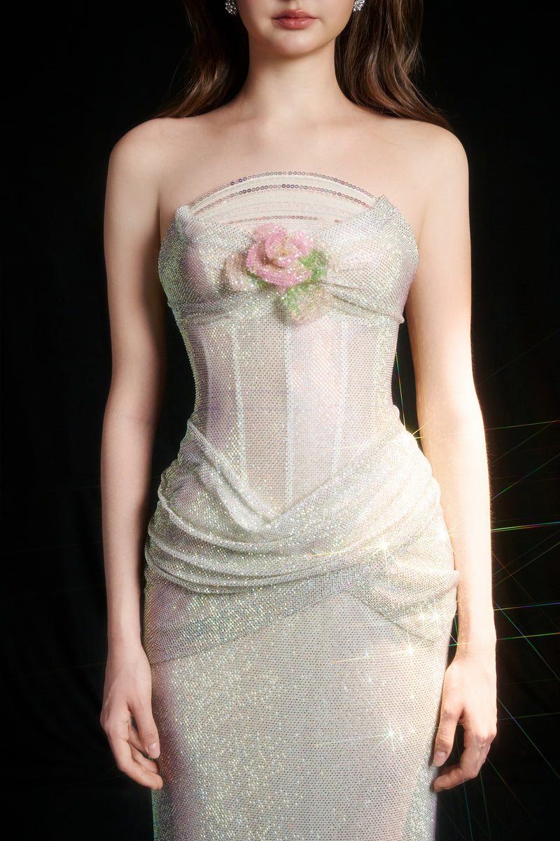 ELISE DRAPED CORSET SEQUIN DRESS IN SOFT IVORY | CULT MIA