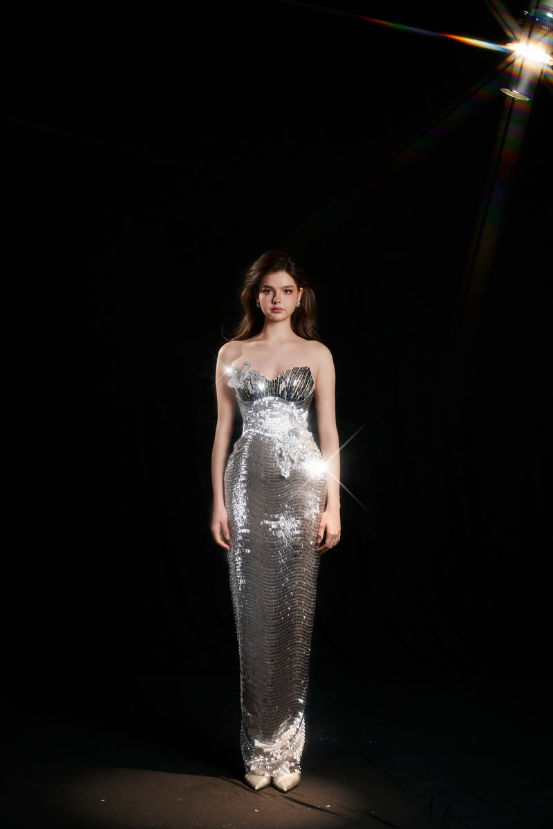 fitted silver sequin dress Rochell