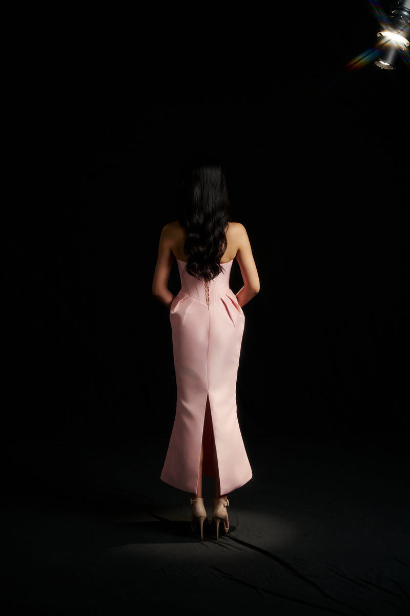 pink dress with black bow Retro and contrast backless A-line puffy princess weddi PreppyDress Designer couture for the modern woman. SENDRA STRAPLESS BOW DRESS IN