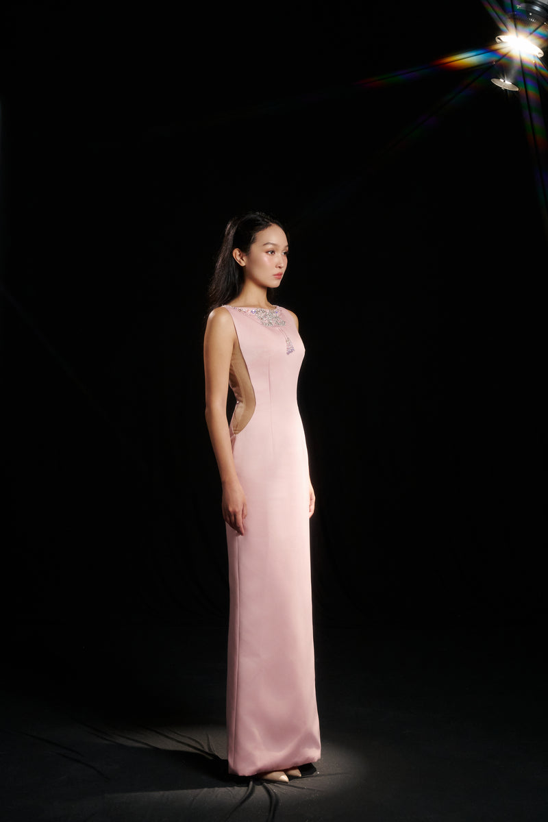 Hacchic Couture blush pink sequin bow body fit gown with elegant design, perfect for formal occasions and evening events.