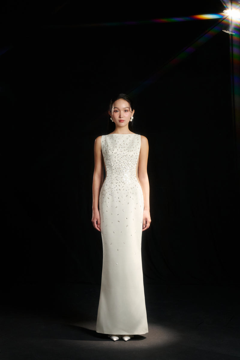 White HACCHIC COUTURE ELCITRA Body Fit Dress, elegant gown with sleek silhouette, shown on a model.