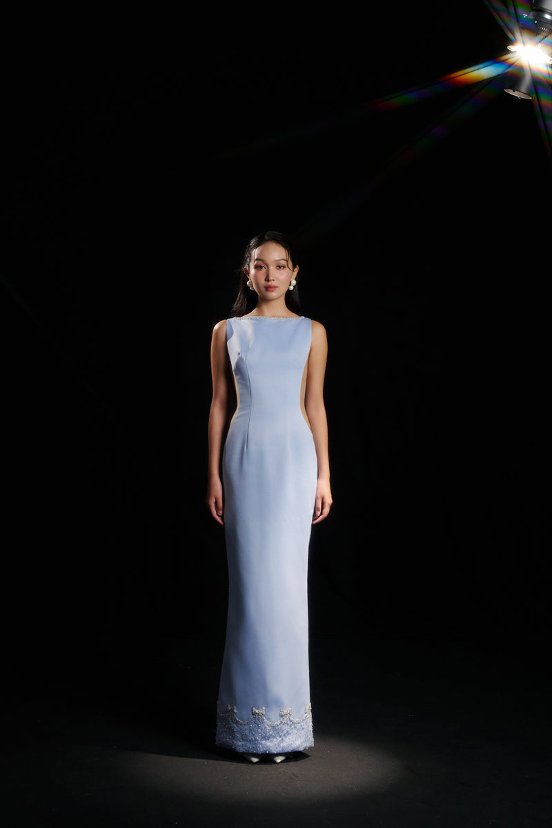 ELCITRA SILVER BOW BODY FIT DRESS IN SKY BLUE - CULT MIA