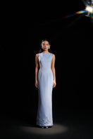 Sky blue ELCITRA silver bow body fit gown by HACCHIC COUTURE, featuring a sleek silhouette and elegant design.