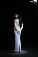 HACCHIC COUTURE Elitra Silver Bow sky blue body fit gown with elegant silhouette and metallic silver bow detail.