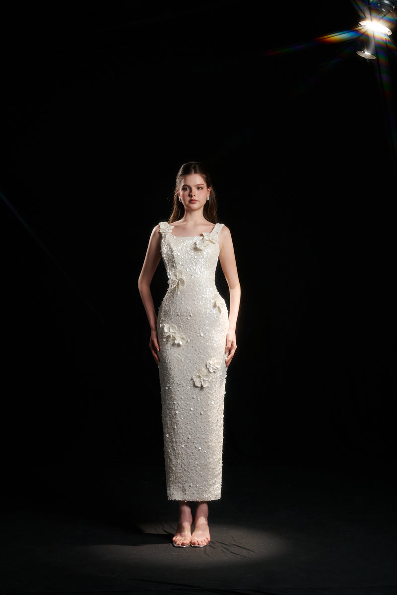 MINDY FLORAL SEQUIN DRESS IN IVORY PEARL - CULT MIA