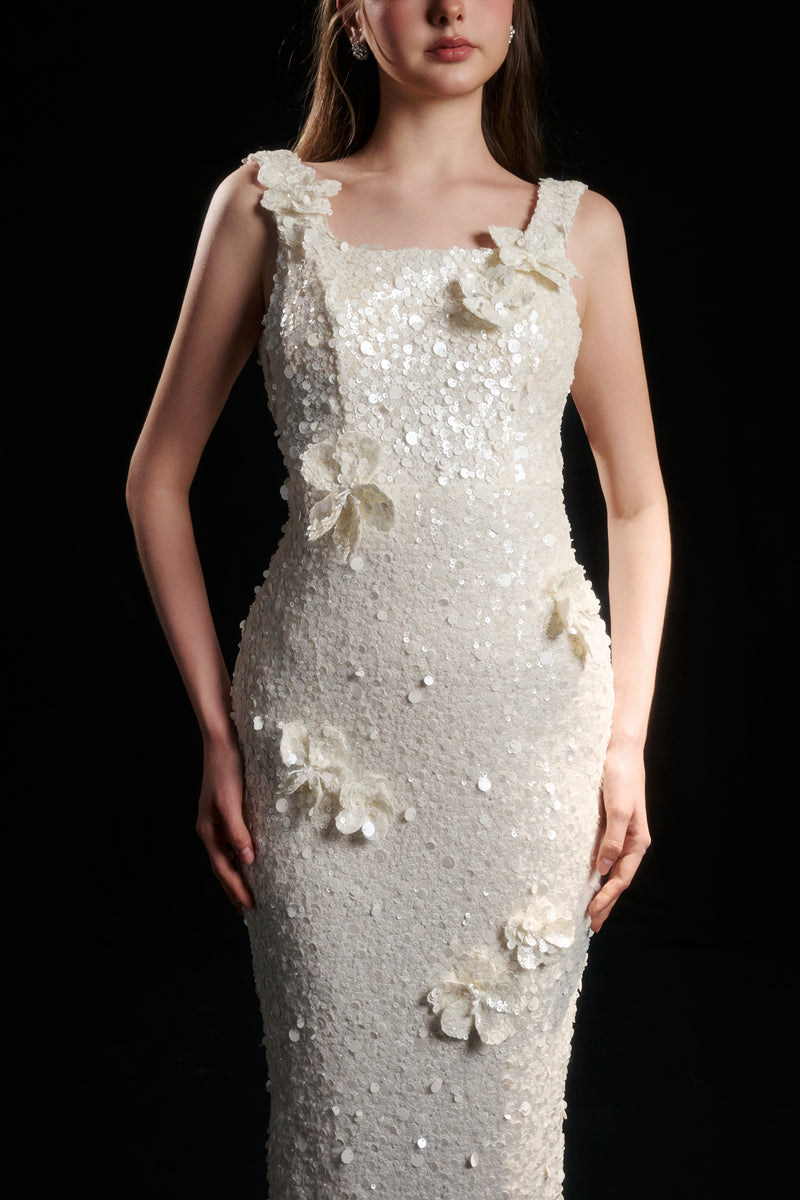 Elegant ivory pearl floral sequin gown by HACCHIC COUTURE featuring intricate floral and sequin detailing.