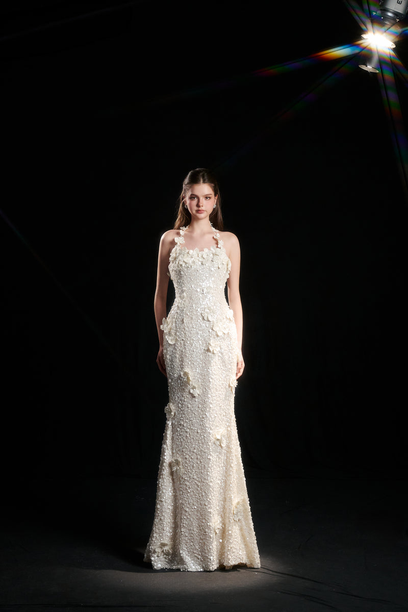 AVELINE 3D FLORAL SEQUIN DRESS IN IVORY PEARL - CULT MIA