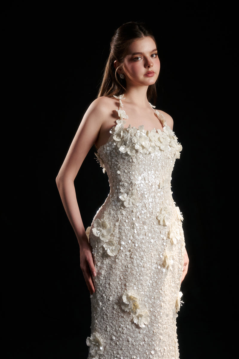 AVELINE 3D FLORAL SEQUIN DRESS IN IVORY PEARL - CULT MIA