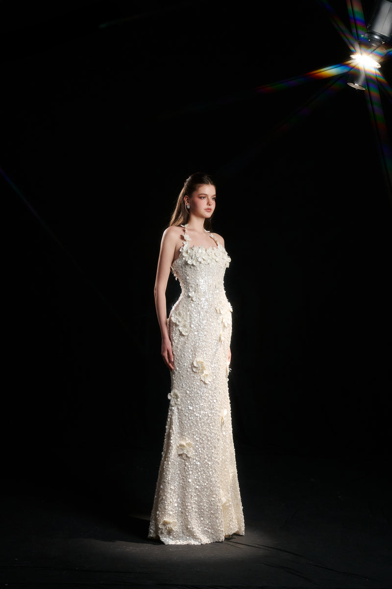 AVELINE 3D FLORAL SEQUIN DRESS IN IVORY PEARL - CULT MIA