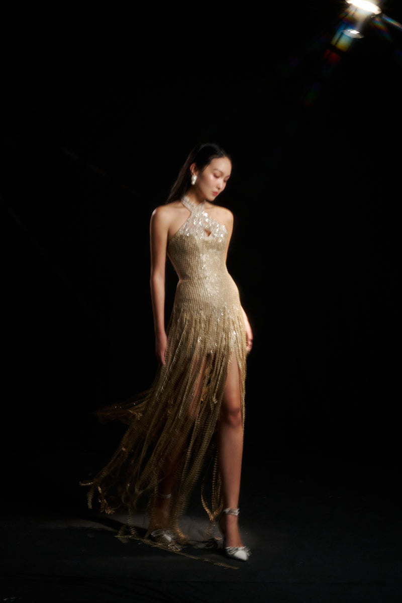 gold hawk sequin dress Gold Hawk Beaded Embellished Lavendar Silk Layered Mini Dress XS