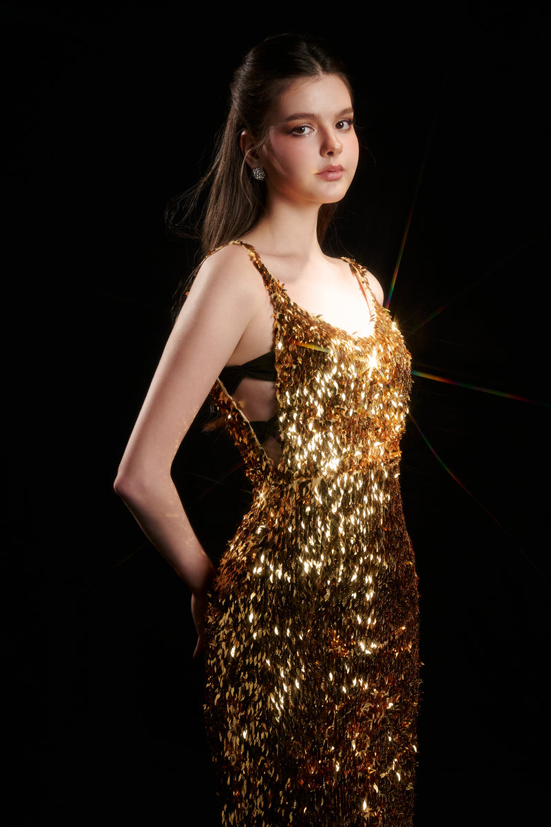 BELIN SEQUIN STRAP DRESS IN GOLD - CULT MIA