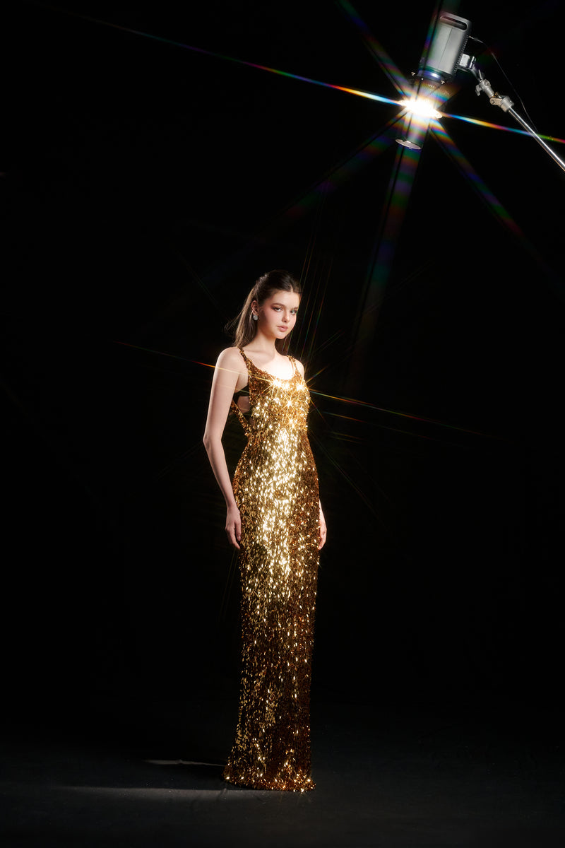 BELIN SEQUIN STRAP DRESS IN GOLD - CULT MIA