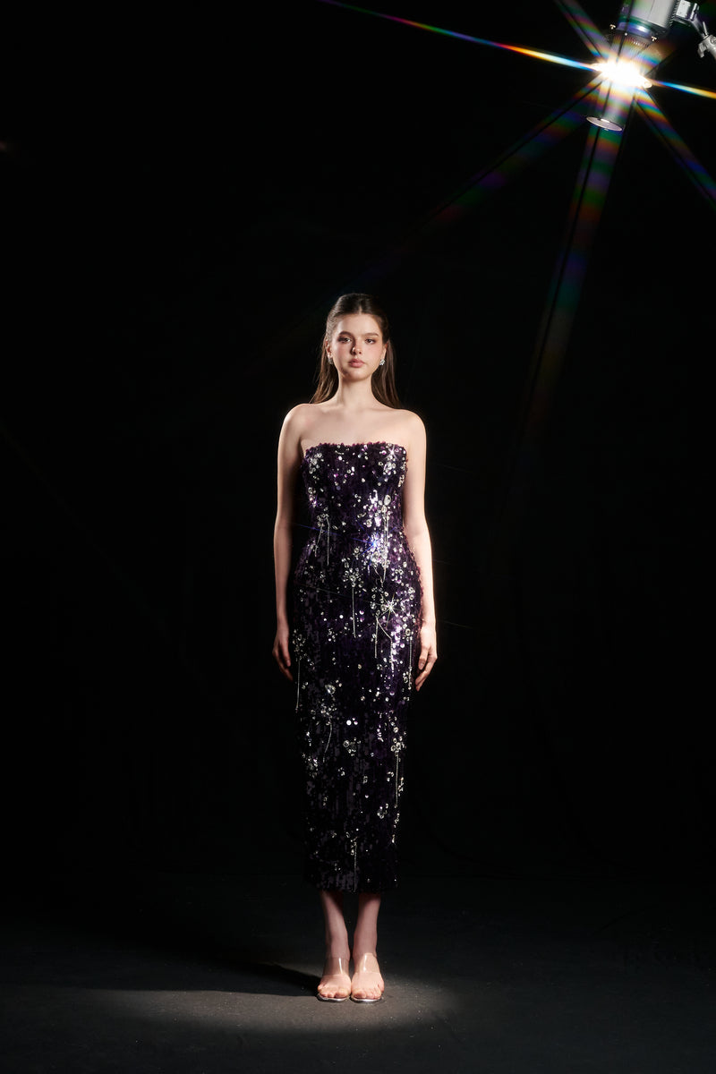 KIFLIN SEQUIN STRAPLESS DRESS IN PURPLE