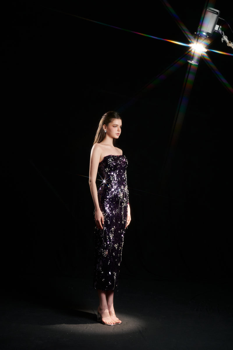 KIFLIN SEQUIN STRAPLESS DRESS IN PURPLE - CULT MIA