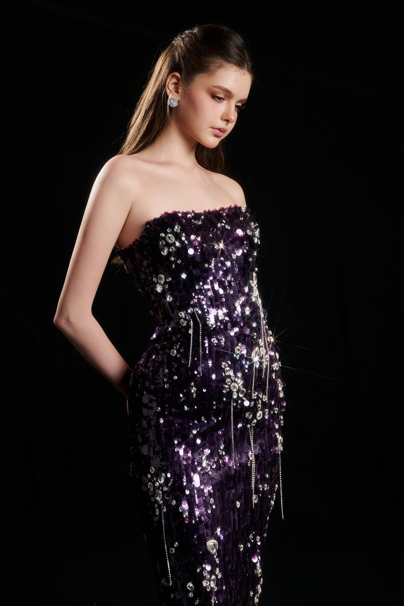 purple fitted dress KIFLIN SEQUIN STRAPLESS DRESS IN PURPLE | CULT MIA