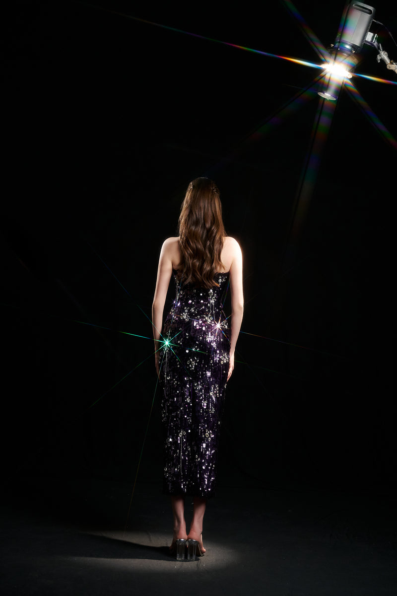KIFLIN SEQUIN STRAPLESS DRESS IN PURPLE - CULT MIA