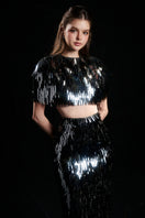 Black Dannie Sparkle crop waist set gown by HACCHIC COUTURE, featuring sparkling fabric and stylish crop top design.