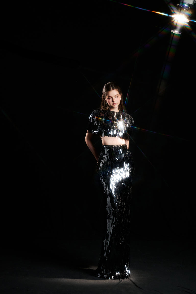 DANNIE SPARKLE CROP WAIST SET IN BLACK - CULT MIA