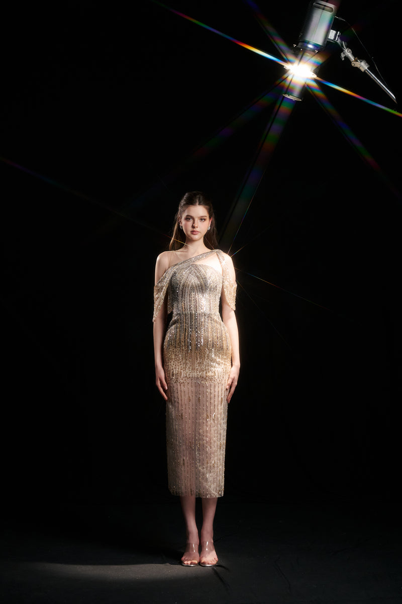 STEPHANIE SPARKLE ILLUSION FALLING DRESS IN LIGHT GOLD - CULT MIA