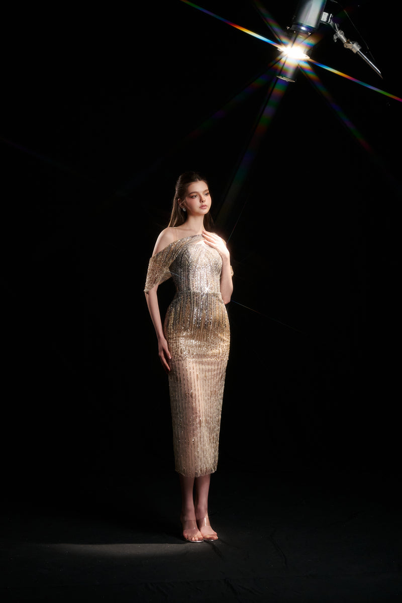 STEPHANIE SPARKLE ILLUSION FALLING DRESS IN LIGHT GOLD - CULT MIA