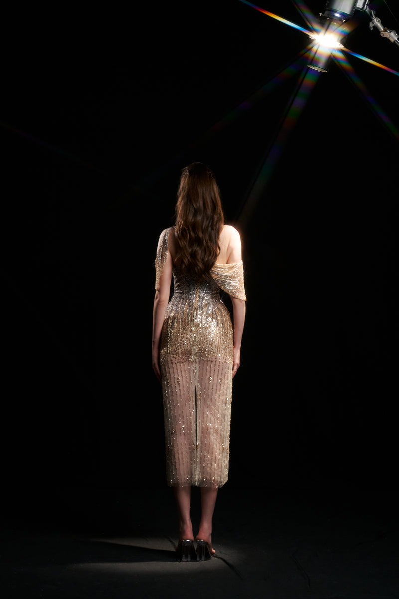 STEPHANIE SPARKLE ILLUSION FALLING DRESS IN LIGHT GOLD - CULT MIA