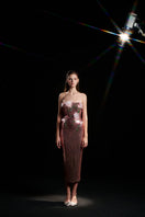 HACCHIC COUTURE purple and pink floral sequin strapless gown with fitted bodice and flowing skirt, elegant evening dress.