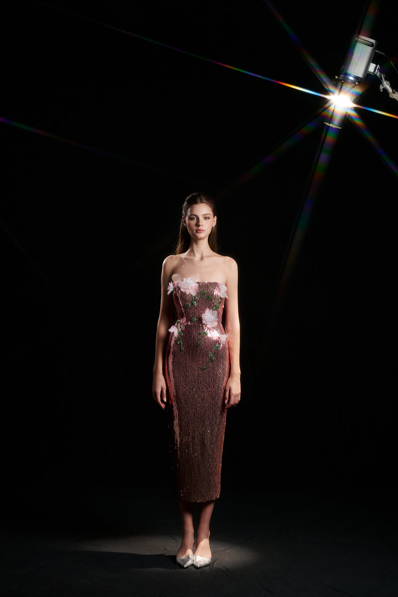 HACCHIC COUTURE purple and pink floral sequin strapless gown with fitted bodice and flowing skirt, elegant evening dress.