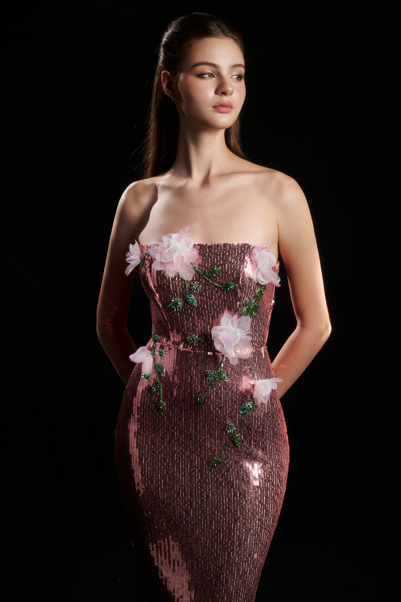 KIFLIN FLORAL SEQUIN STRAPLESS DRESS IN PURPLE PINK - CULT MIA