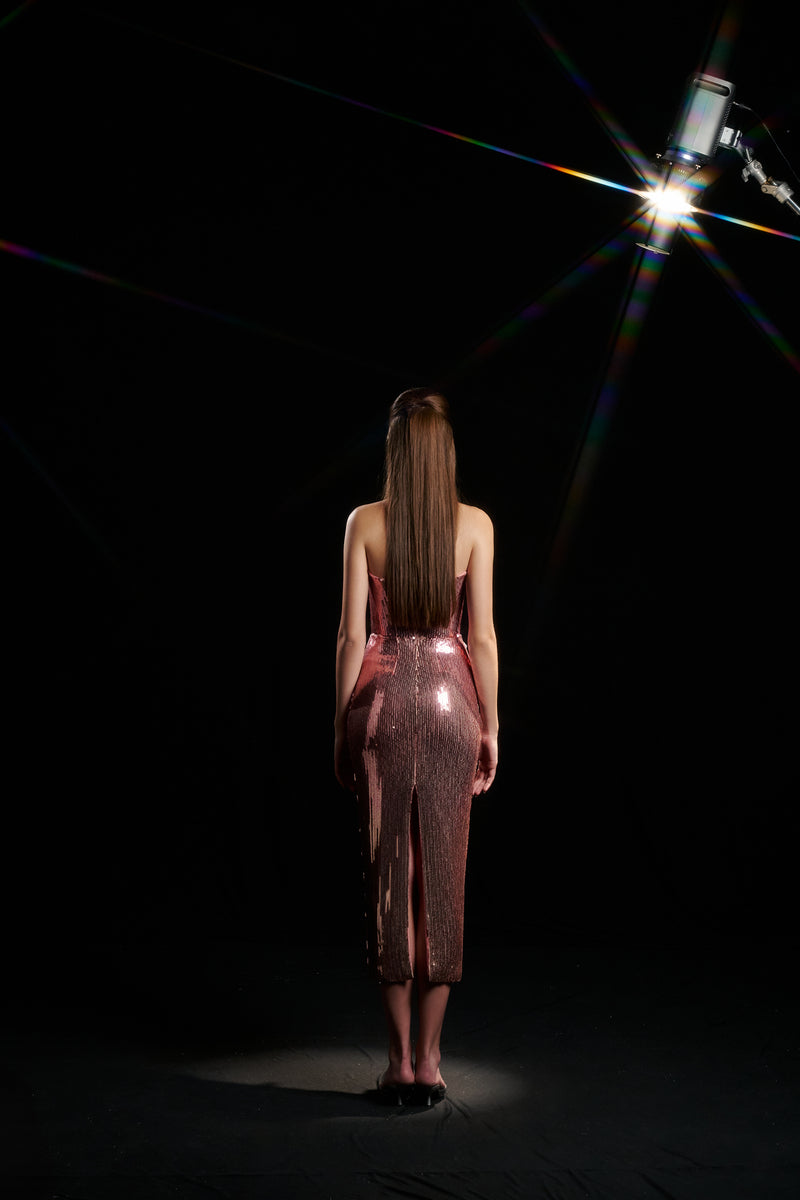 Purple and pink floral sequin strapless gown by HACCHIC COUTURE, featuring a fitted silhouette and elegant design.