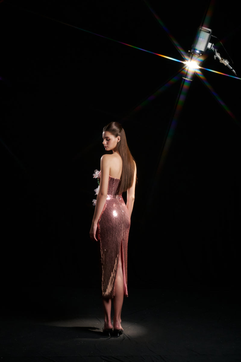 Purple and pink floral sequin strapless gown by HACCHIC COUTURE, featuring elegant design and vibrant floral detailing.