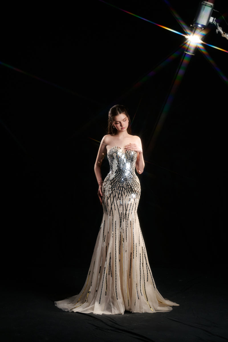 NYX DRIPPING SEQUIN STRAPLESS GOWN IN NUDE SILVER - CULT MIA