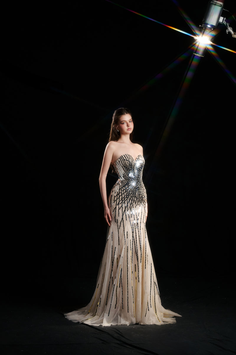 NYX DRIPPING SEQUIN STRAPLESS GOWN IN NUDE SILVER - CULT MIA