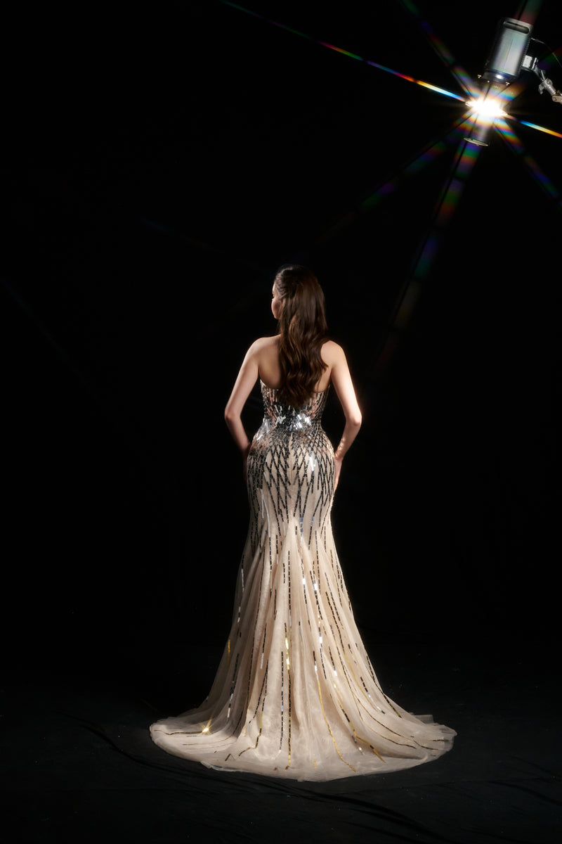 NYX DRIPPING SEQUIN STRAPLESS GOWN IN NUDE SILVER - CULT MIA