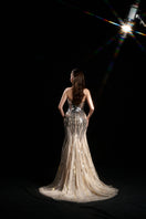 HACCHIC COUTURE NYX Dripping Sequin strapless gown in nude silver, elegant evening dress with sparkling sequin details.