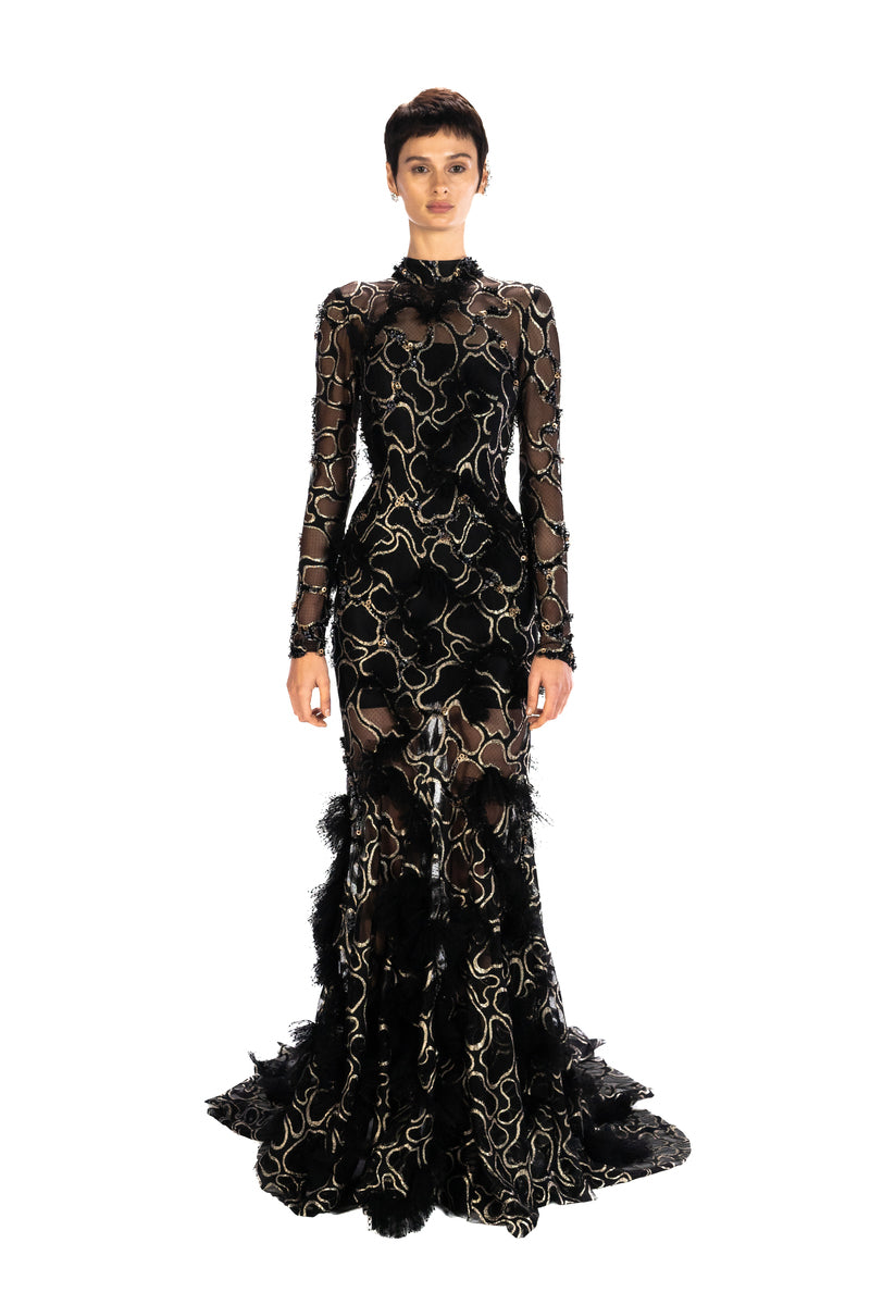 BLACK EMBROIDERED LONG TAIL MAXI DRESS WITH OPEN BACK - CULT MIA
