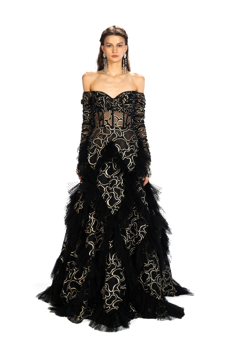 BLACK MAXI PRINCESS DRESS WITH FRILL DETAILS - CULT MIA
