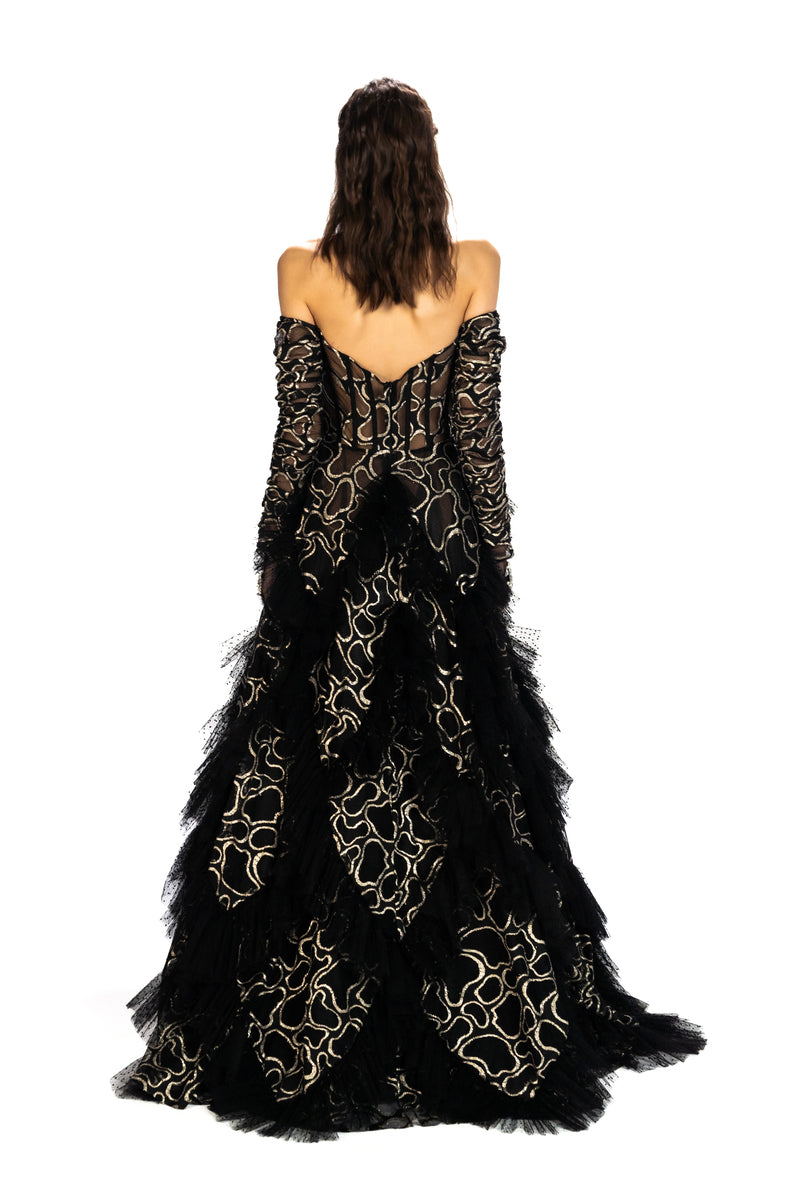 BLACK MAXI PRINCESS DRESS WITH FRILL DETAILS - CULT MIA
