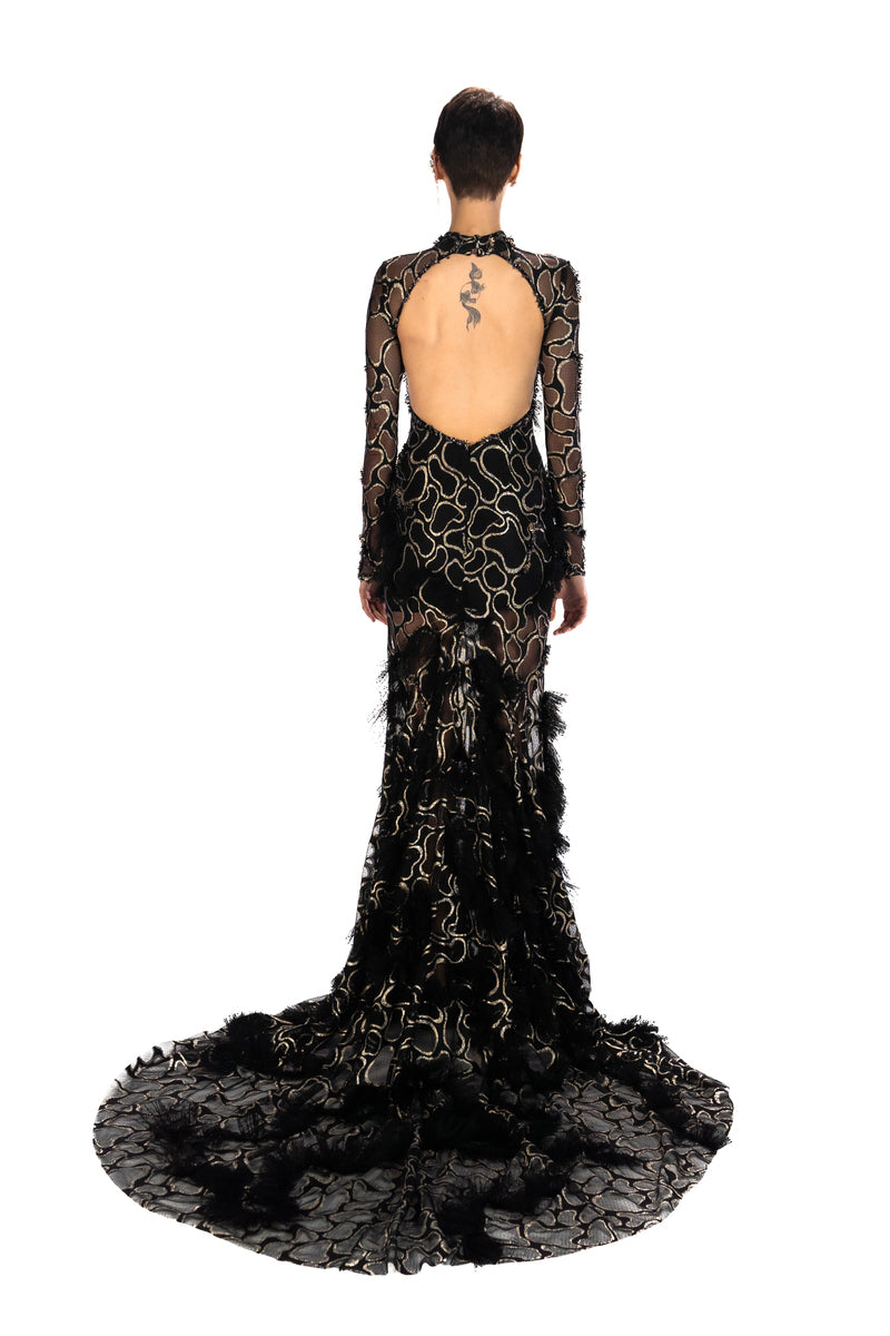 BLACK EMBROIDERED LONG TAIL MAXI DRESS WITH OPEN BACK - CULT MIA