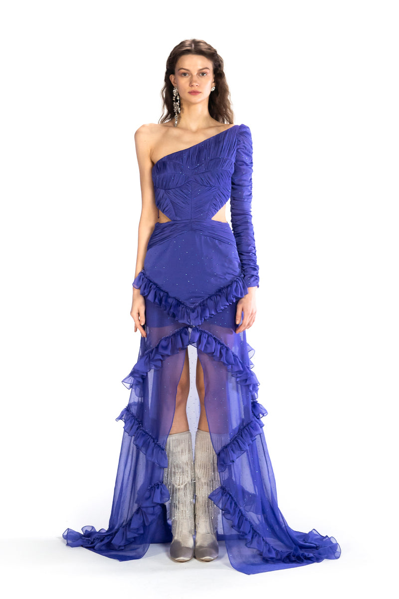 PURPLE STONE PRINTED MAXI DRESS WITH ASYMMETRIC NECKLINE - CULT MIA