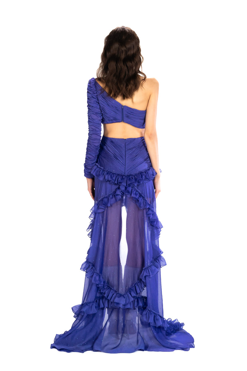 PURPLE STONE PRINTED MAXI DRESS WITH ASYMMETRIC NECKLINE - CULT MIA