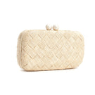 Emm Kuo Halsey woven natural raffia clutch bag with a sleek evening design and textured surface for elegant occasions.