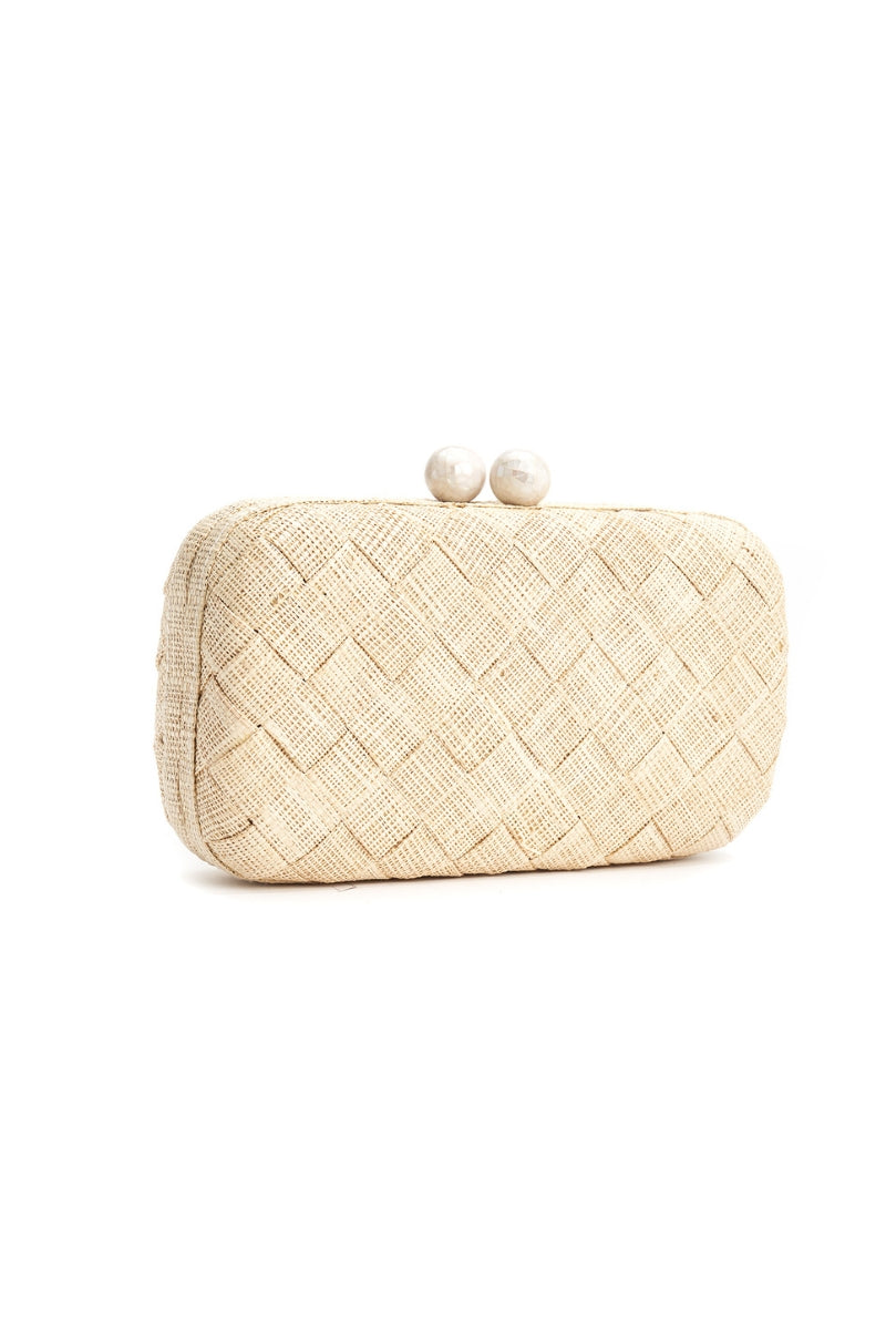 Emm Kuo Halsey woven natural raffia clutch bag with a sleek evening design and textured surface for elegant occasions.