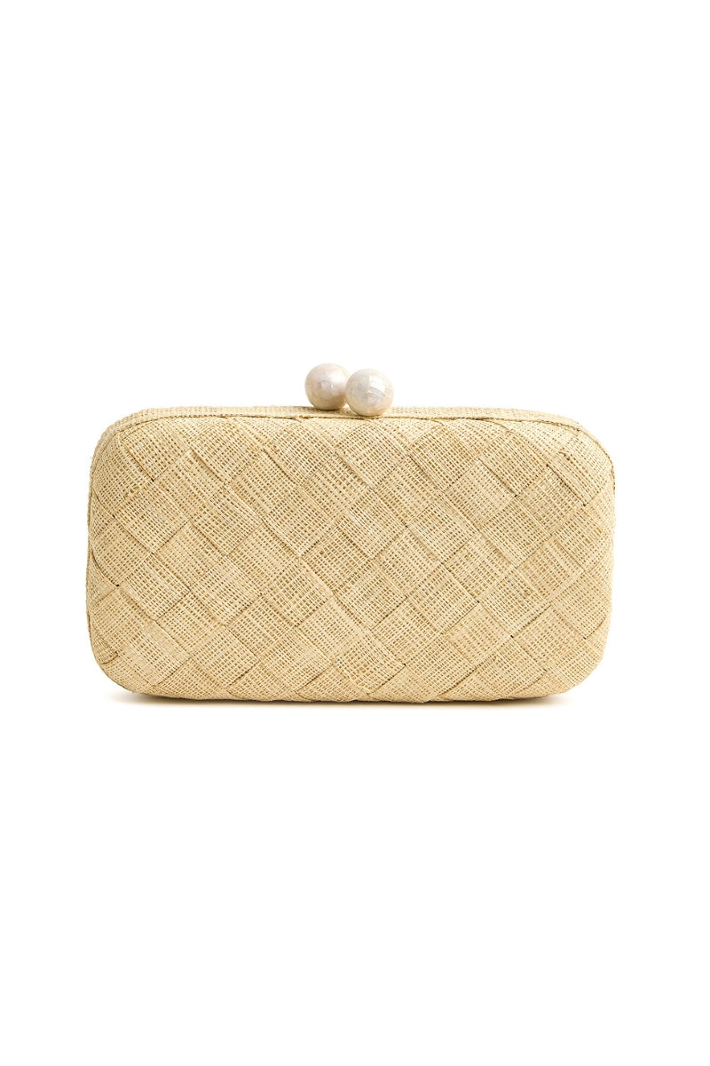 Emm Kuo Halsey woven raffia evening clutch bag with natural textured design and compact size for elegant occasions.