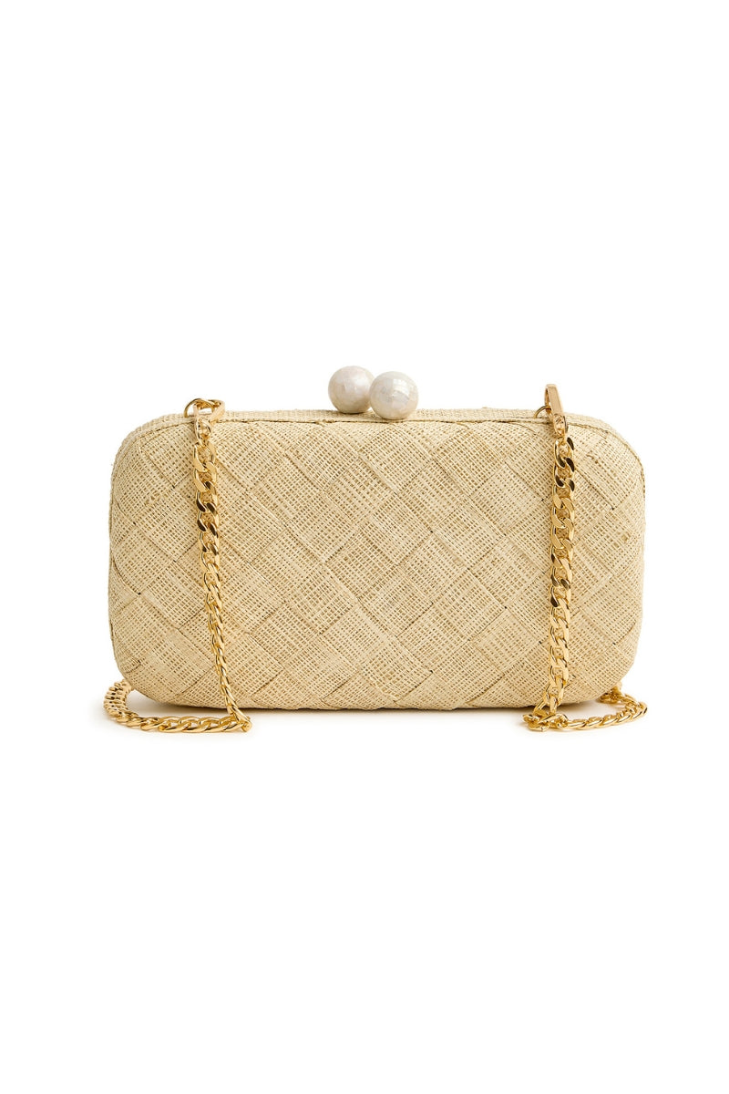 Emm Kuo Halsey woven natural raffia clutch bag with a sleek, elegant design for evening occasions.
