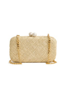 Emm Kuo Halsey woven natural raffia clutch bag with a sleek, elegant design for evening occasions.